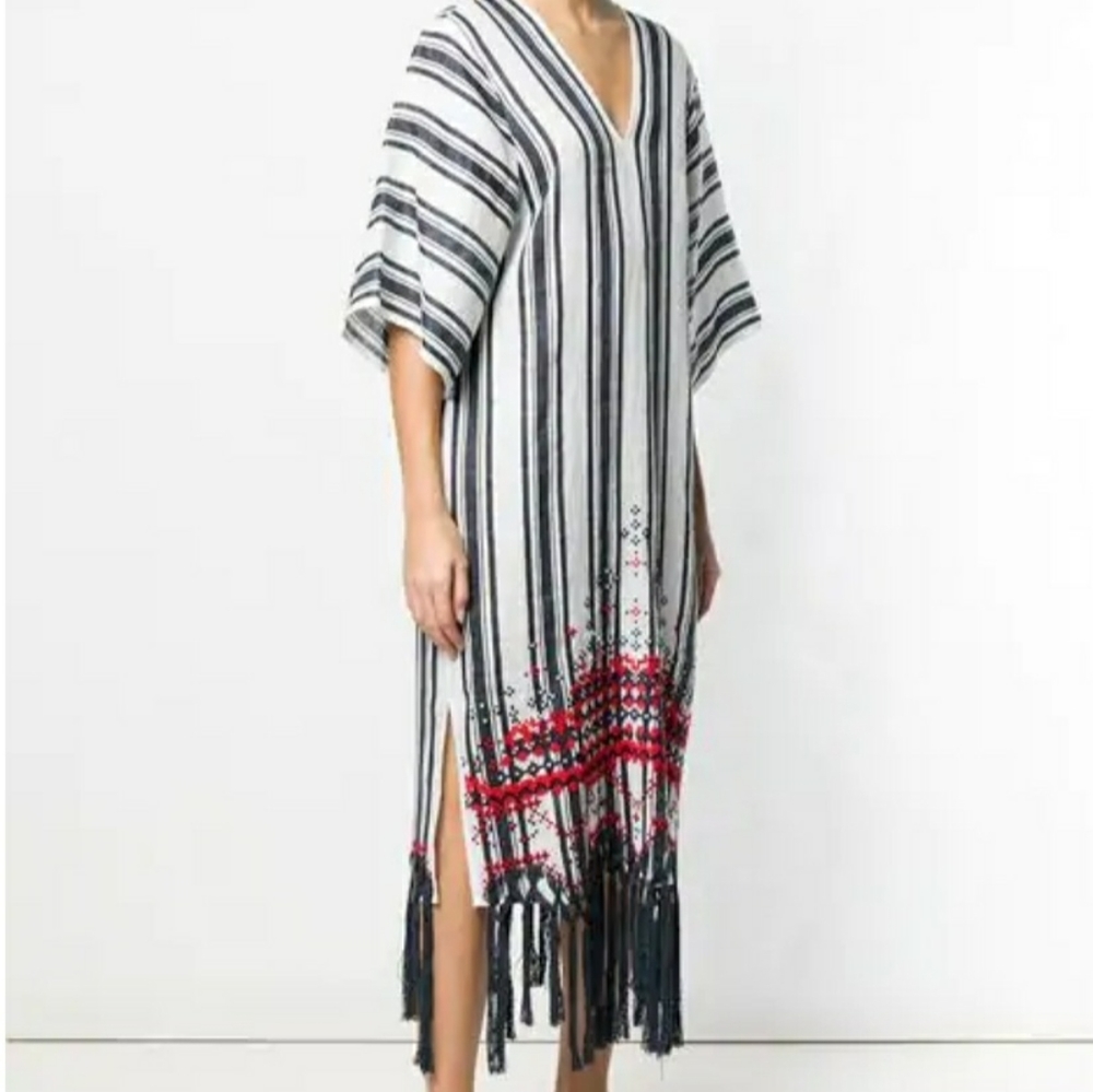 Tory Burch White and Black Striped Maxi Dress with Red Embroidered Hem